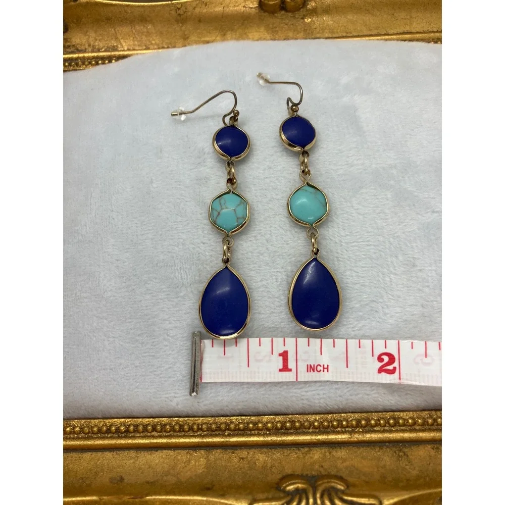 Gold Tone Blue and Turquoise Faux Stone Triple Drop Dangle Earrings‎ Boho Luxury